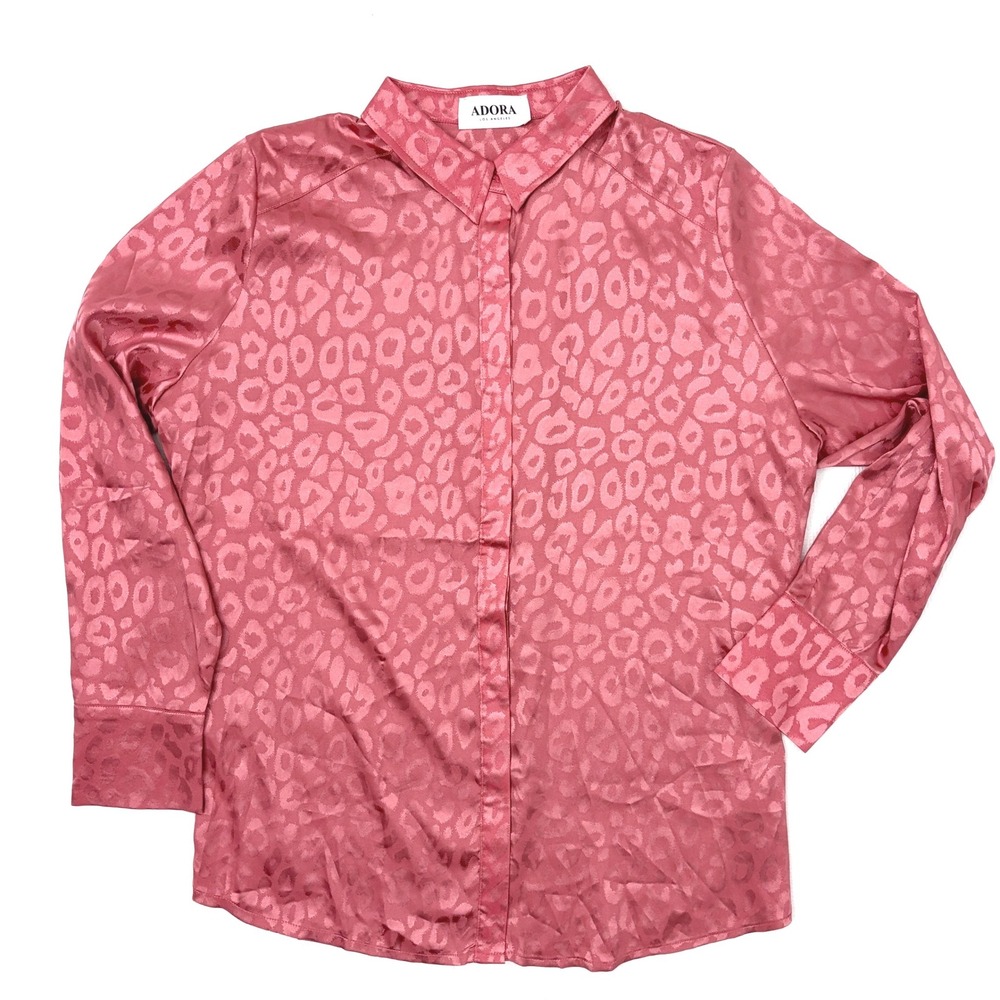 Adora Los Angeles Button Down Leopard Satin Shirt Size L Pink